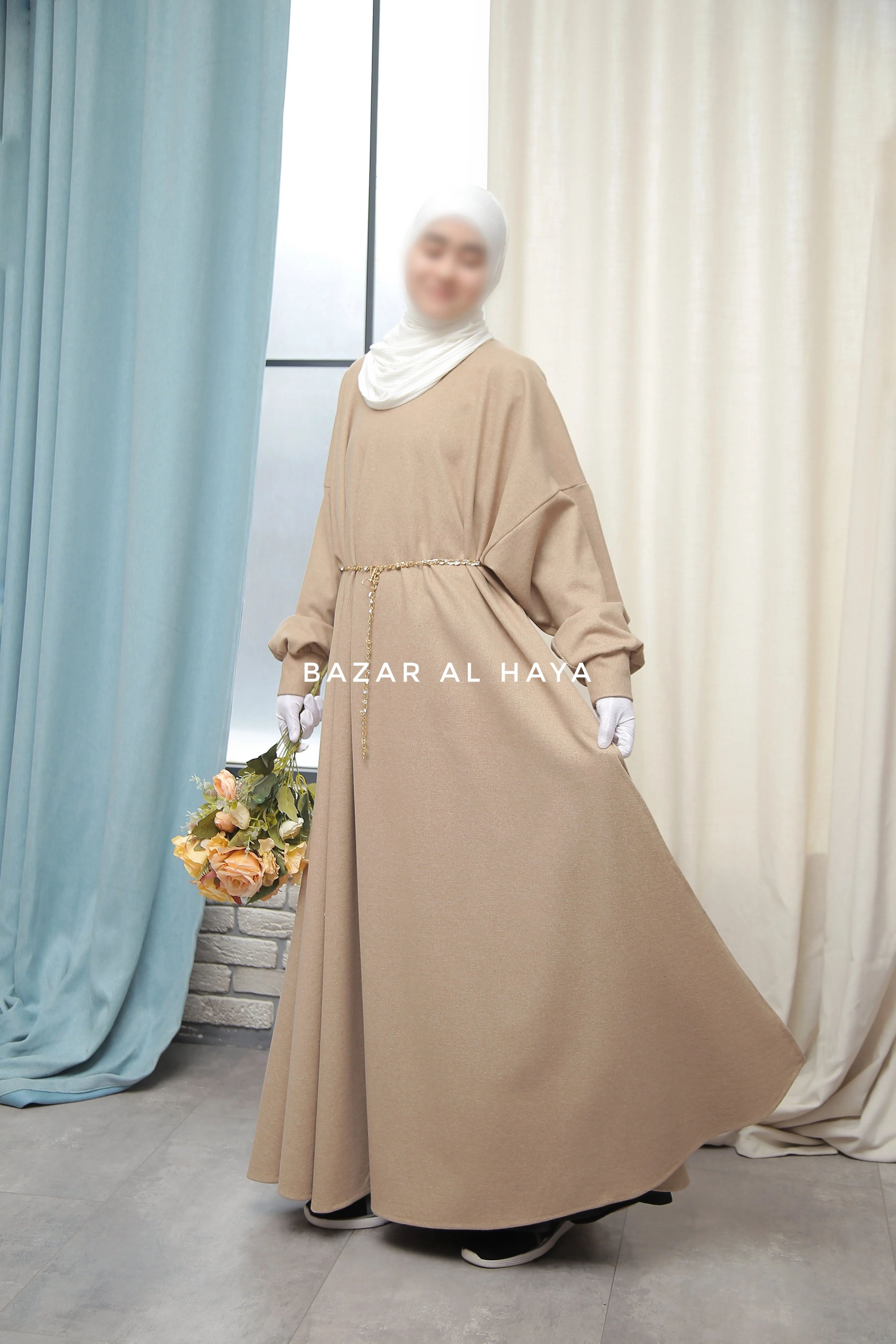 Basimah Beige Classic Design Warm Abaya Coat - Premium Wool