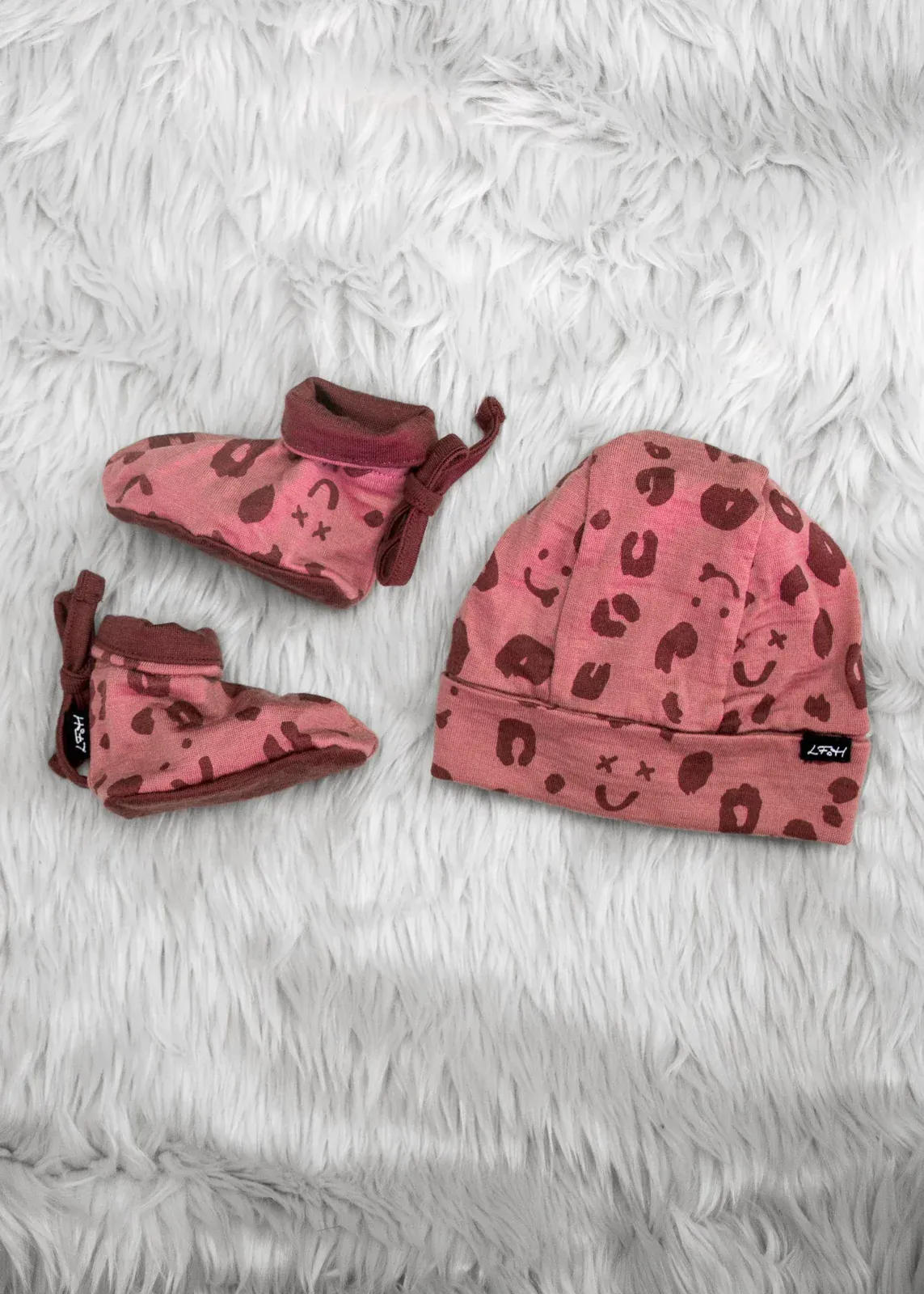 Beanie and Bootie Set - Rosebud Cheetah