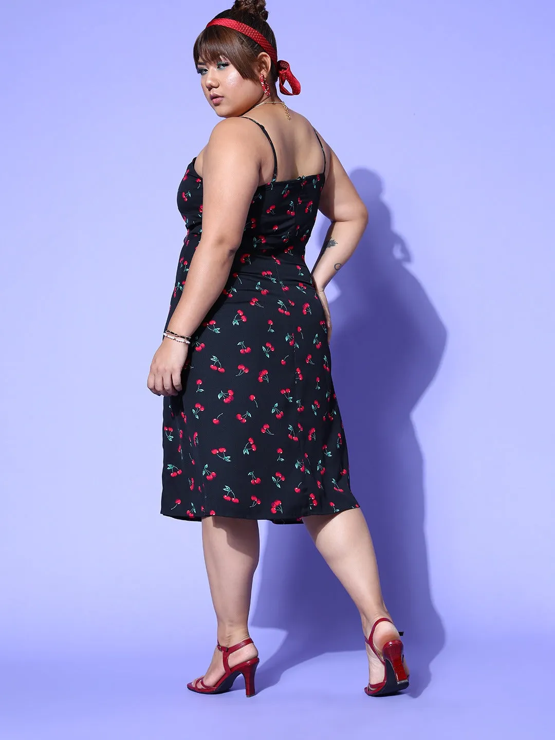 Berrylush Women Plus Size Navy Blue Cherry Printed Sweetheart Neck Ruched Sheath Midi Dress