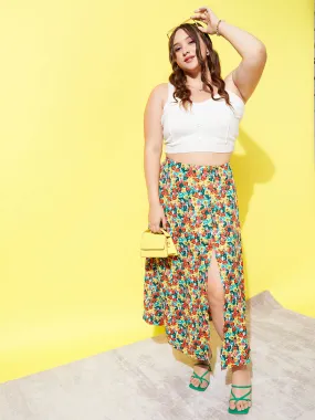 Berrylush Women Plus Size Red, Yellow, & Green Floral Printed Crepe Slip-On Thigh-High Slit Flared A-Line Midi Skirt