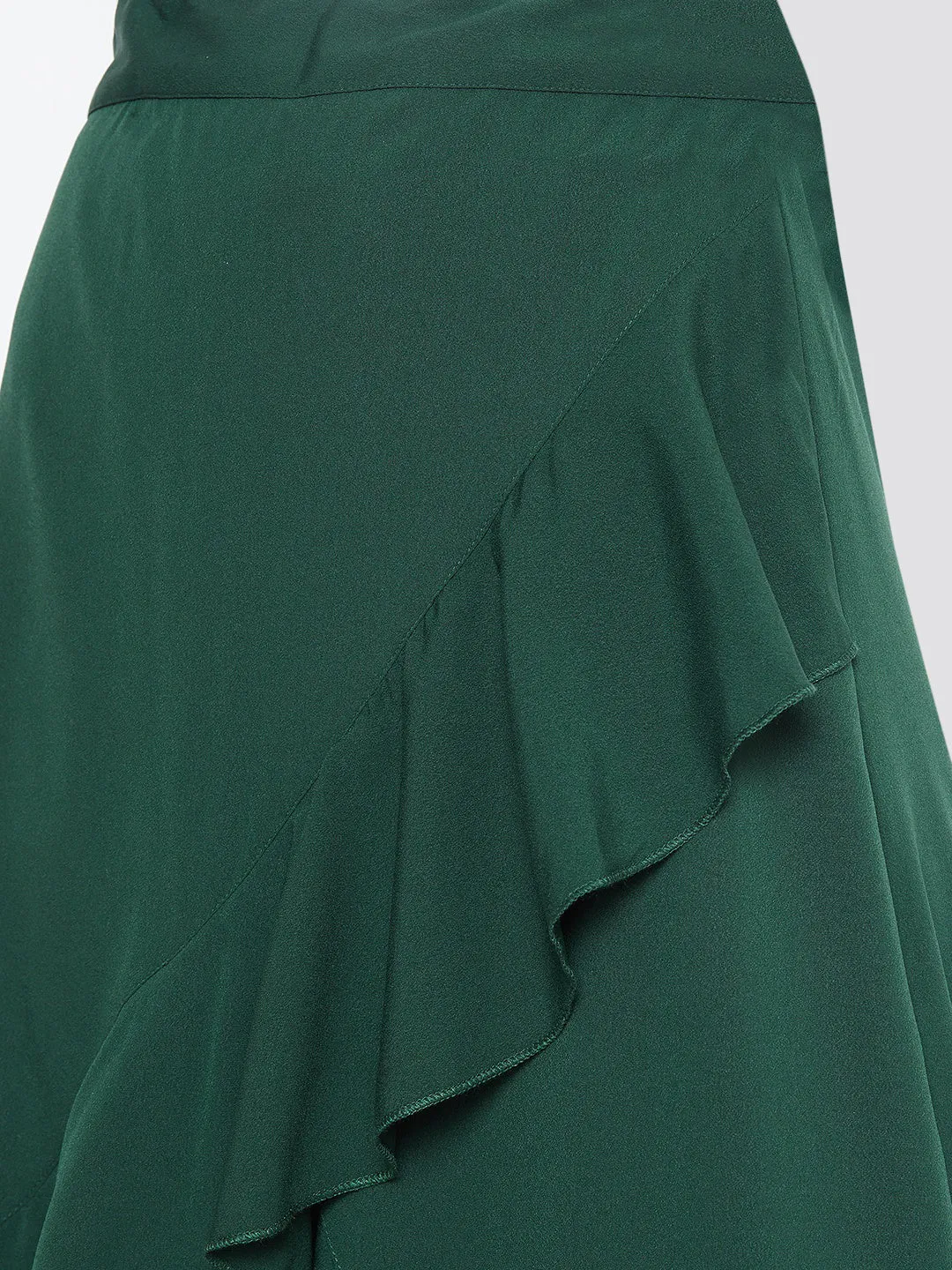 Berrylush Women Solid Green High-Low Ruffled Wrap Midi Skirt