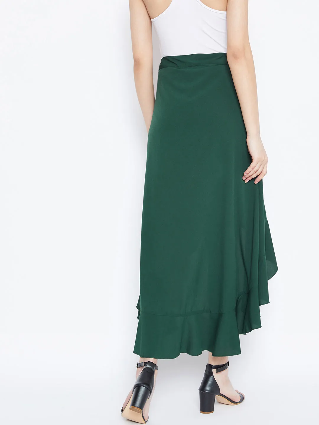 Berrylush Women Solid Green High-Low Ruffled Wrap Midi Skirt