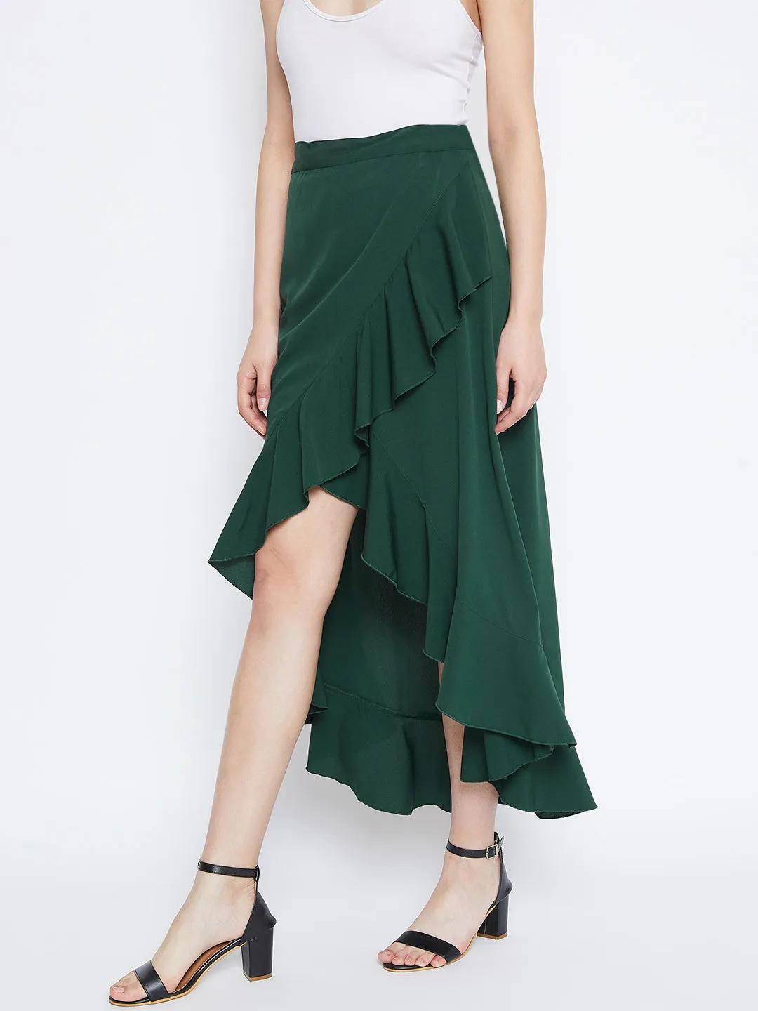 Berrylush Women Solid Green High-Low Ruffled Wrap Midi Skirt