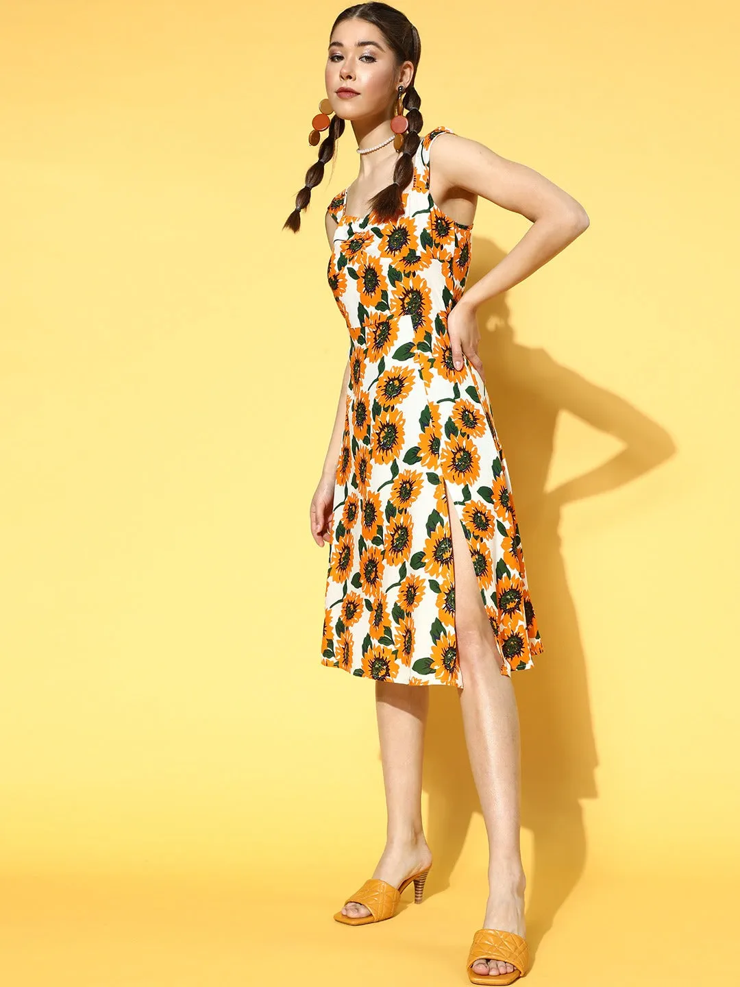 Berrylush Women White & Mustard Yellow Sunflower Printed Sweetheart Neck Thigh-High Slit Pleated A-Line Midi Dress