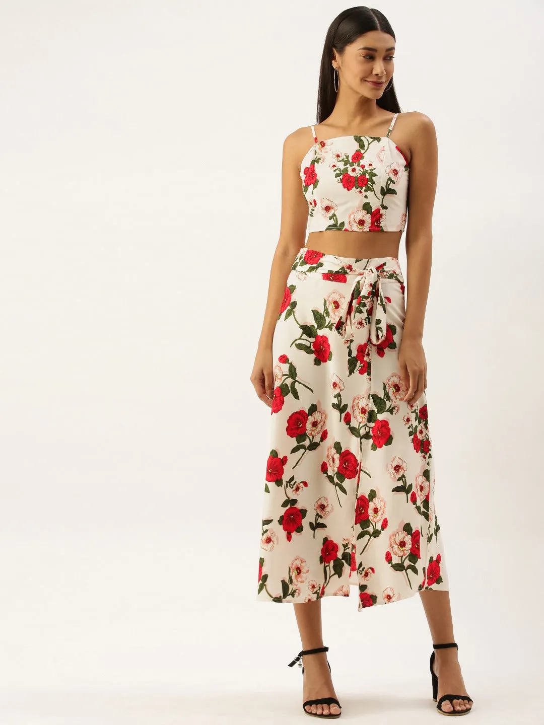 Berrylush Women White Floral Print Co-Ordinate Midi Dress