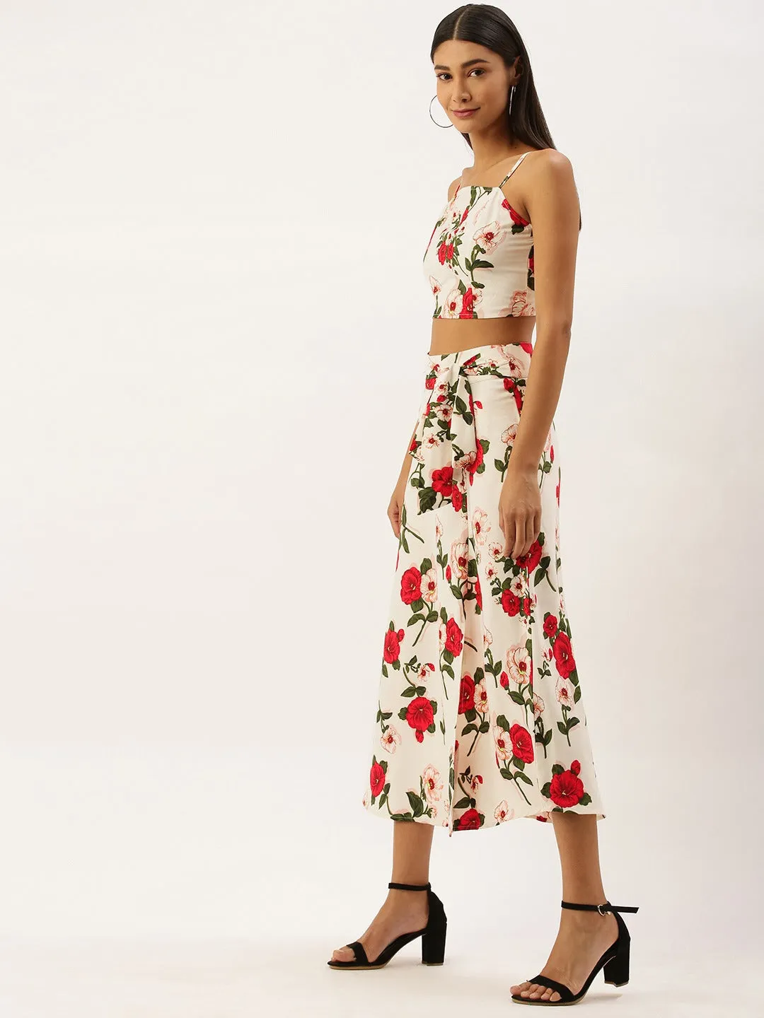 Berrylush Women White Floral Print Co-Ordinate Midi Dress