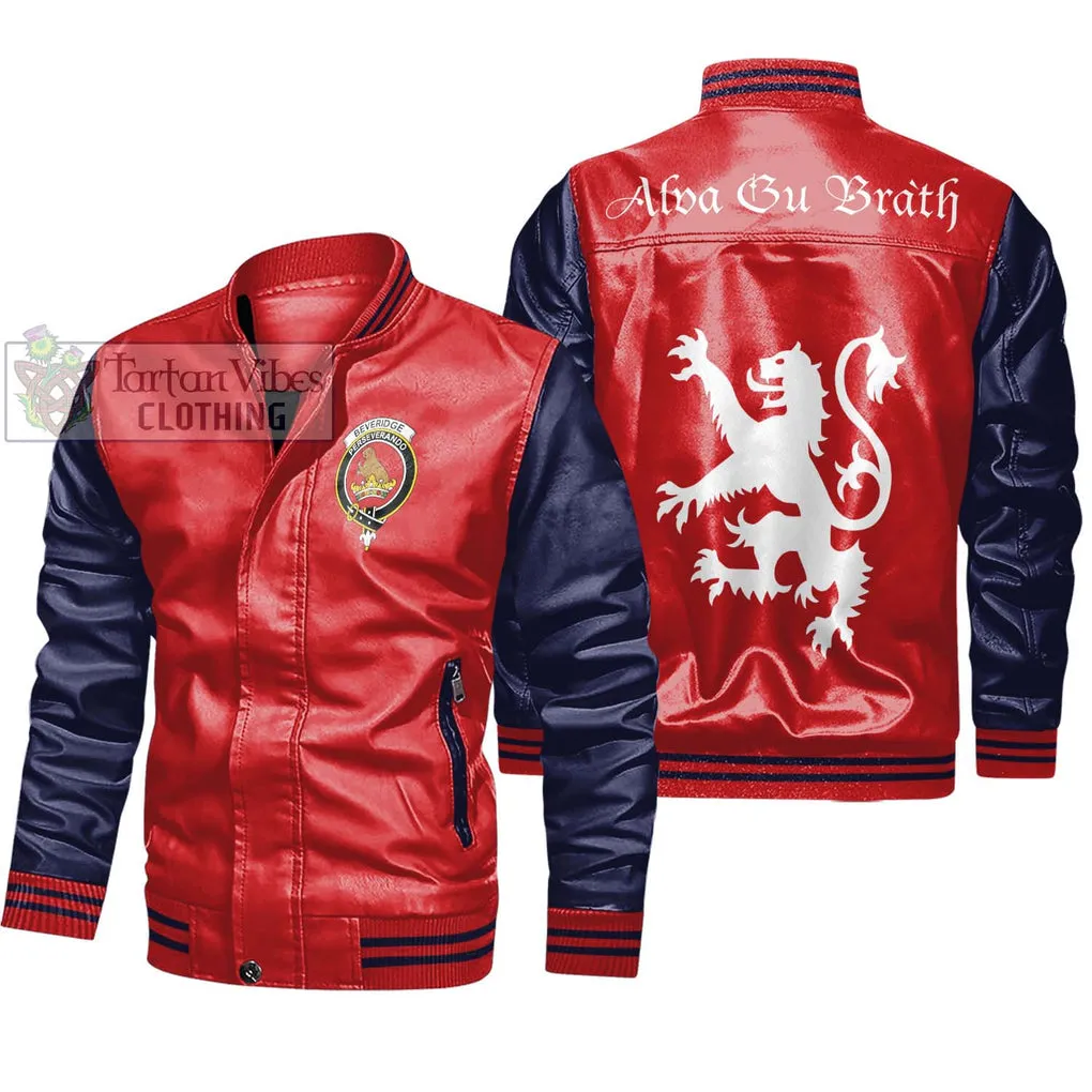 Beveridge Family Crest Leather Bomber Jacket Lion Rampant Alba Gu Brath Style