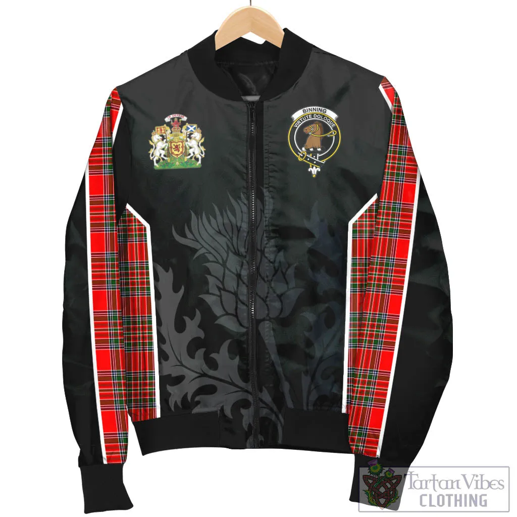 Binning Tartan Bomber Jacket with Family Crest and Scottish Thistle Vibes Sport Style