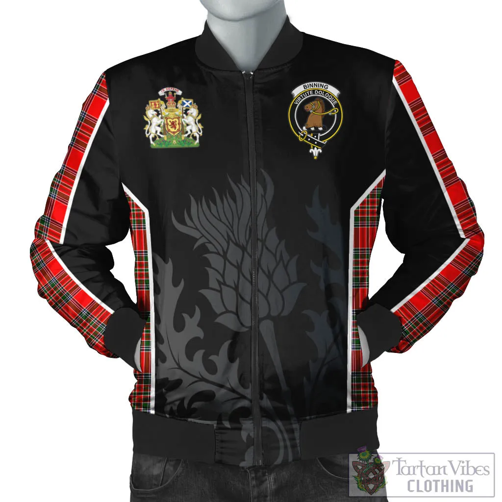 Binning Tartan Bomber Jacket with Family Crest and Scottish Thistle Vibes Sport Style