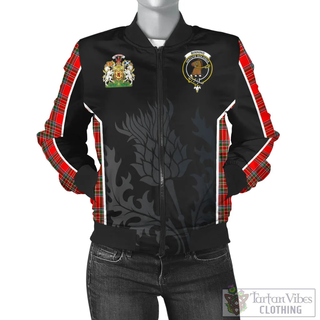 Binning Tartan Bomber Jacket with Family Crest and Scottish Thistle Vibes Sport Style