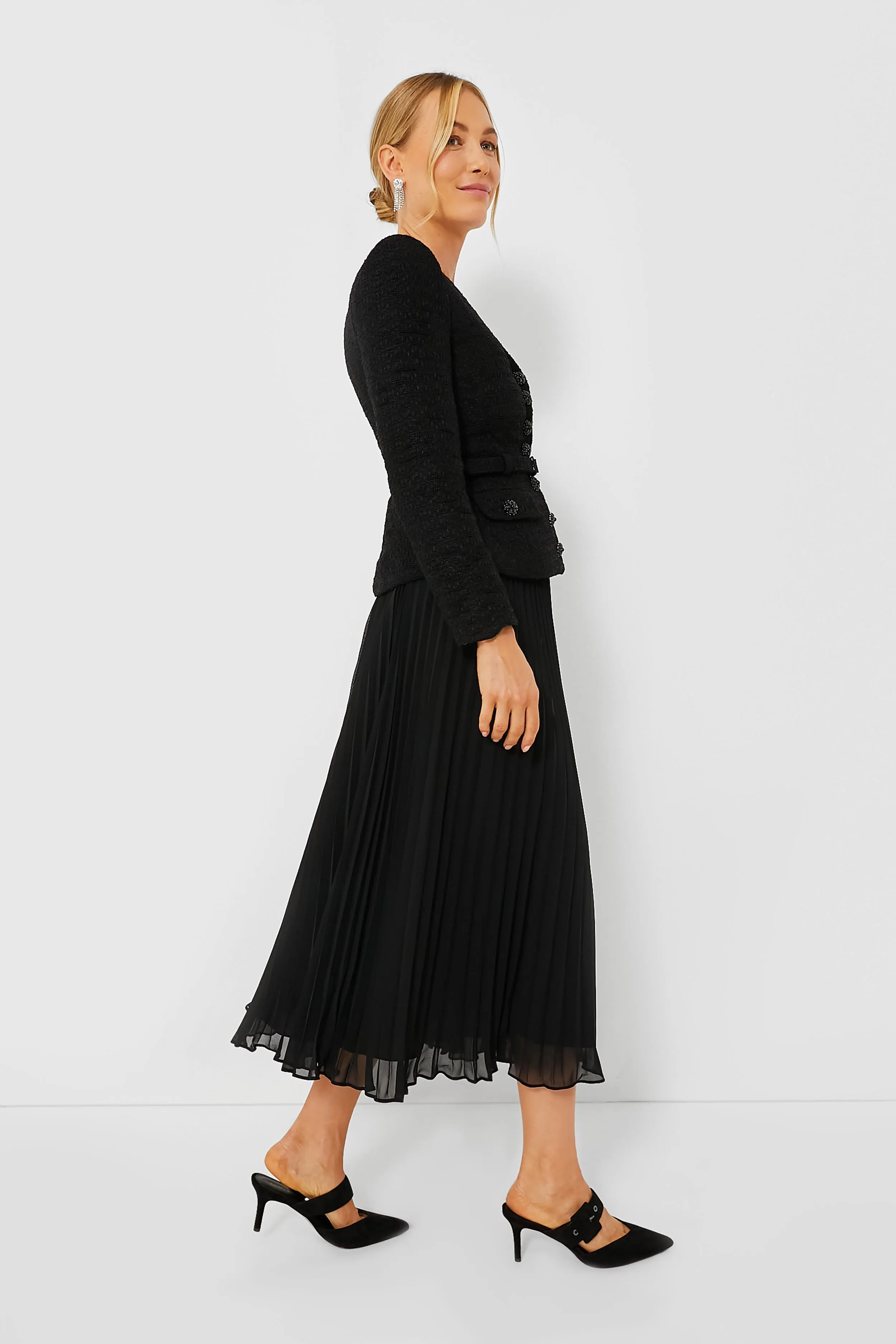 Black Boucle Chiffon Midi Dress