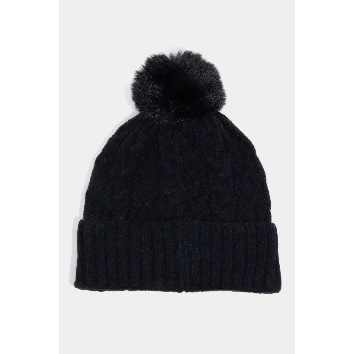 Black Cable Knit Pom Pom Beanie