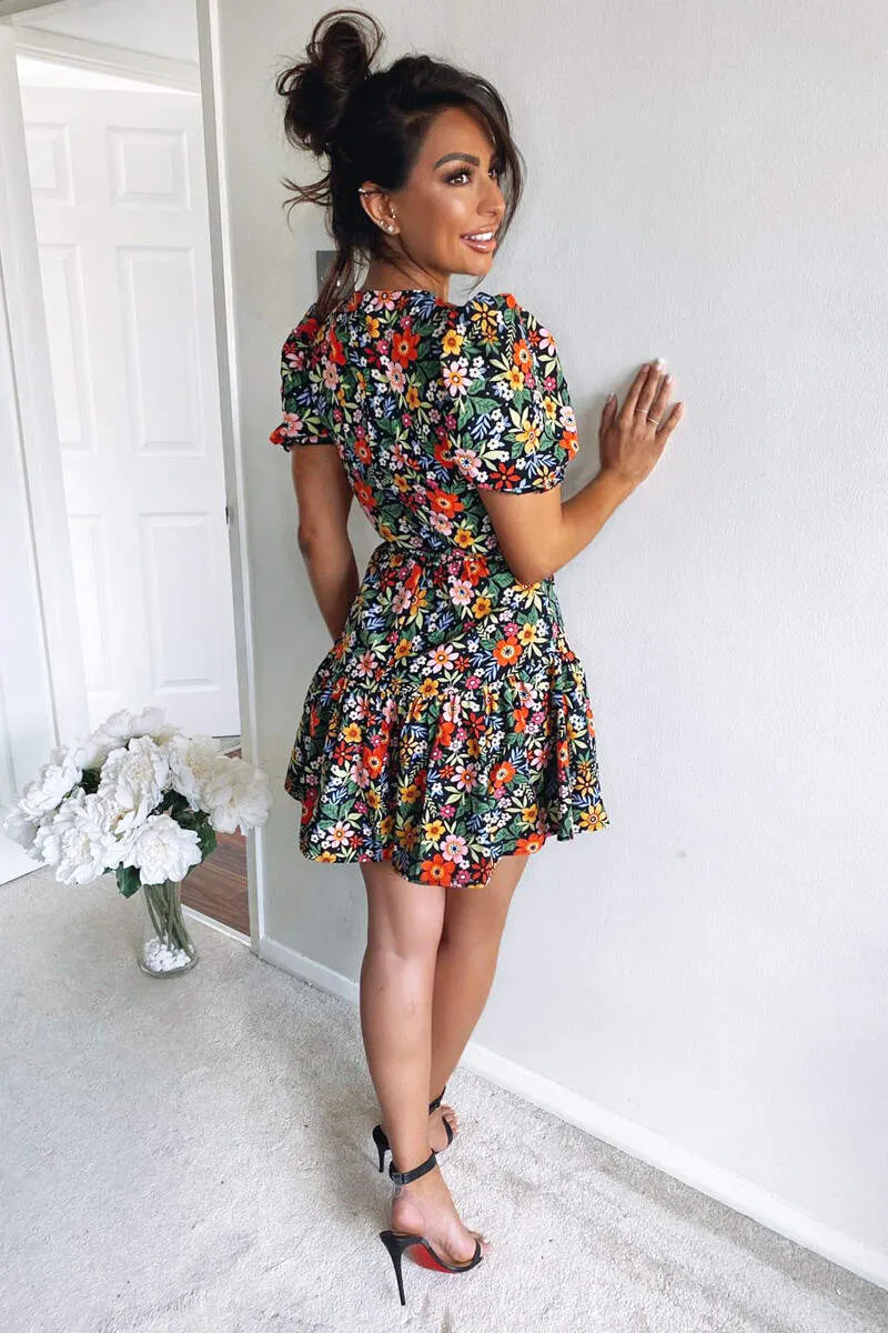 Black Floral Puff Sleeve Tie Waist Dress