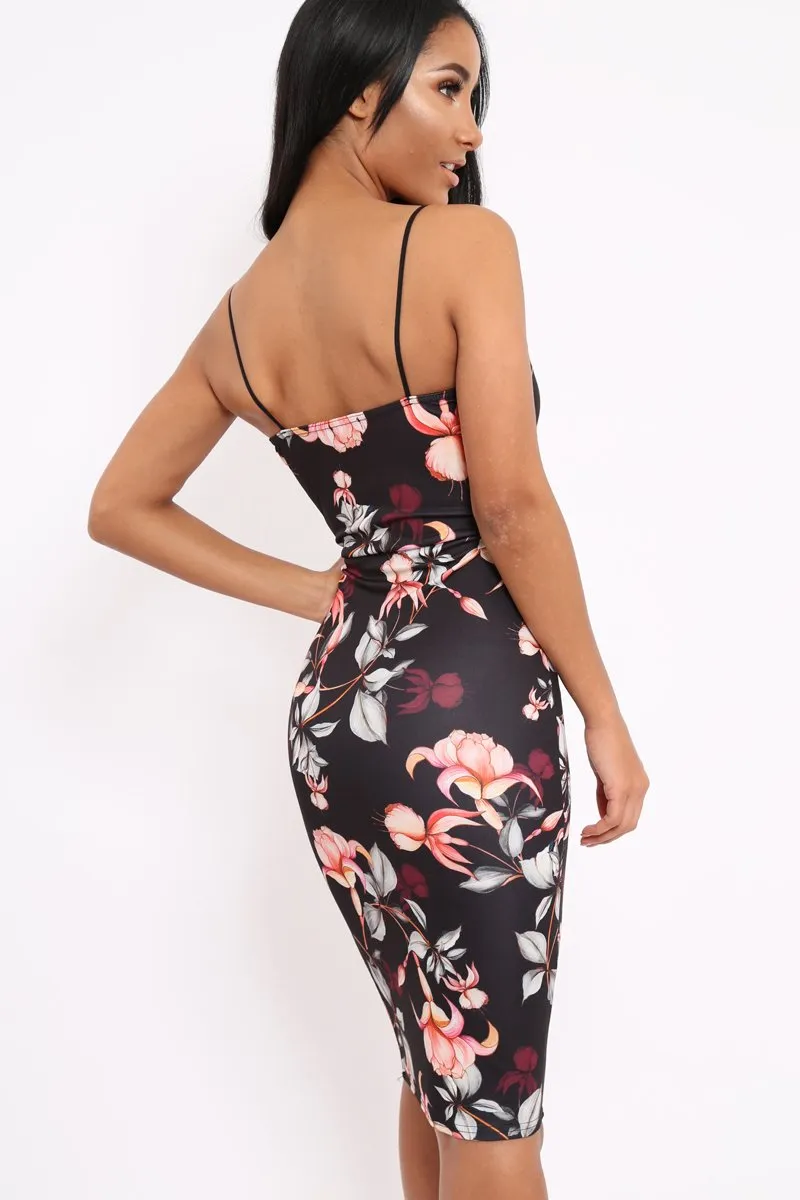 Black Floral Wrap Front Bodycon Dress - Tiniqua