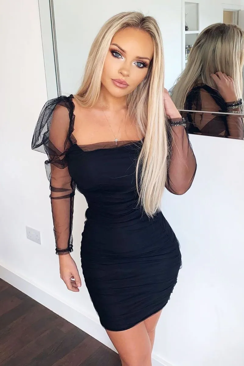 Black Mesh Ruched Long Sleeve Bodycon Dress - Edeline