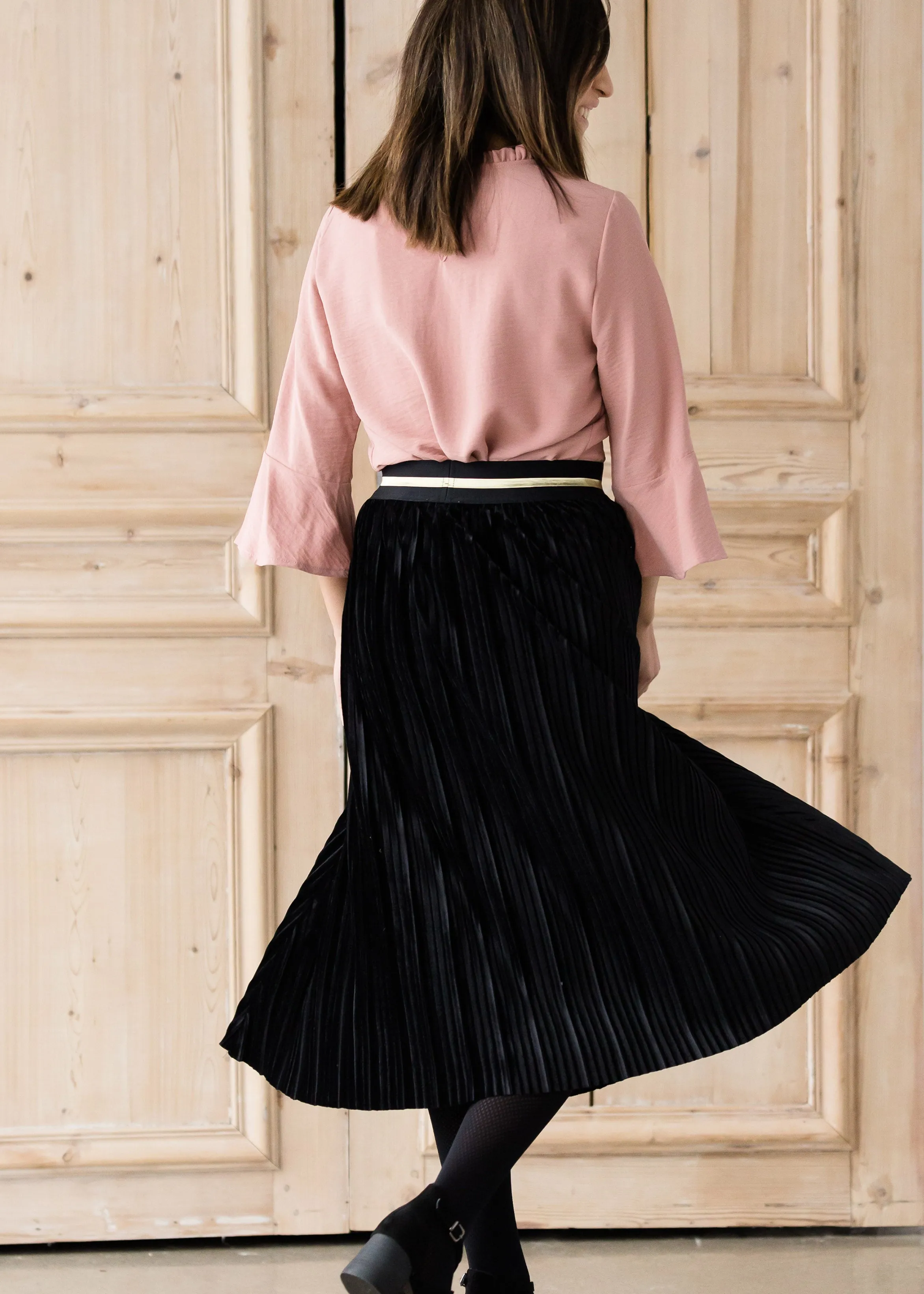 Black Pleated Velvet Midi Skirt - FINAL SALE