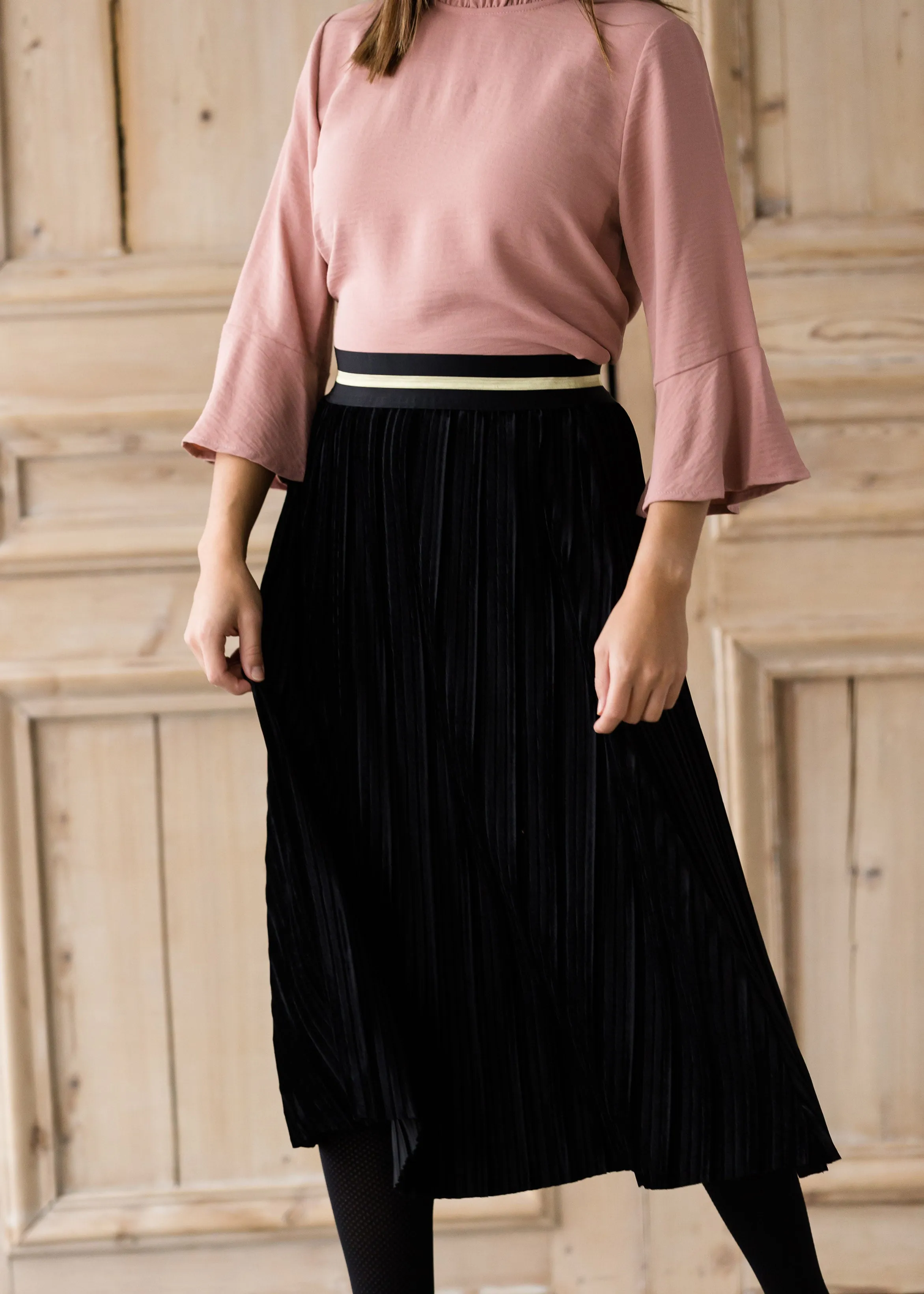 Black Pleated Velvet Midi Skirt - FINAL SALE