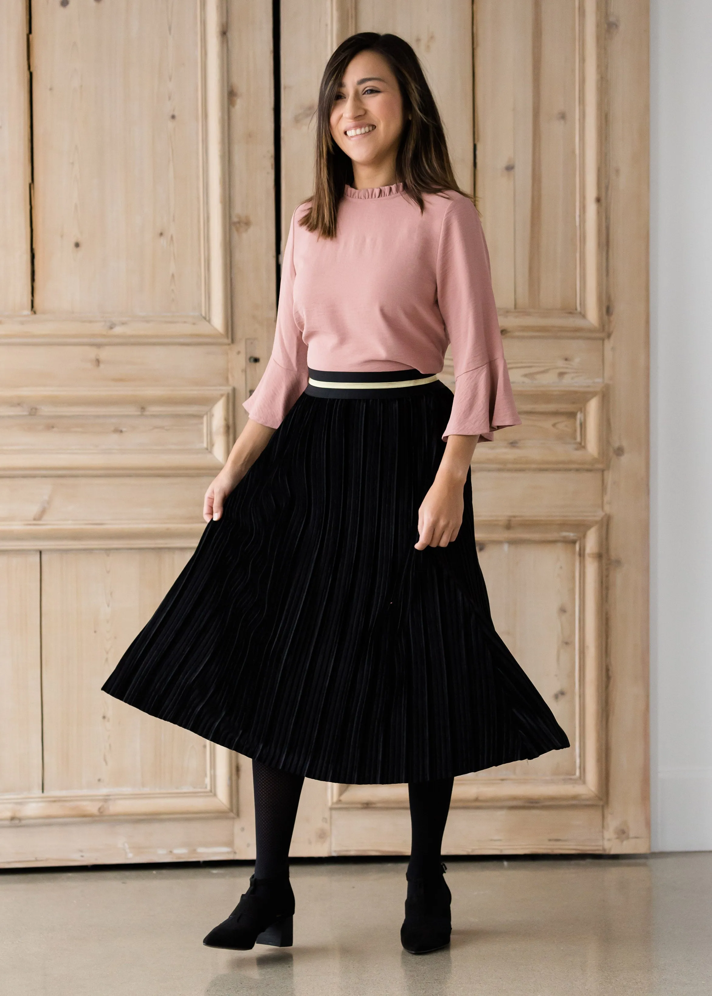 Black Pleated Velvet Midi Skirt - FINAL SALE