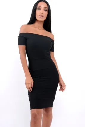 Black Ribbed Bardot Bodycon Dress - Phoebe