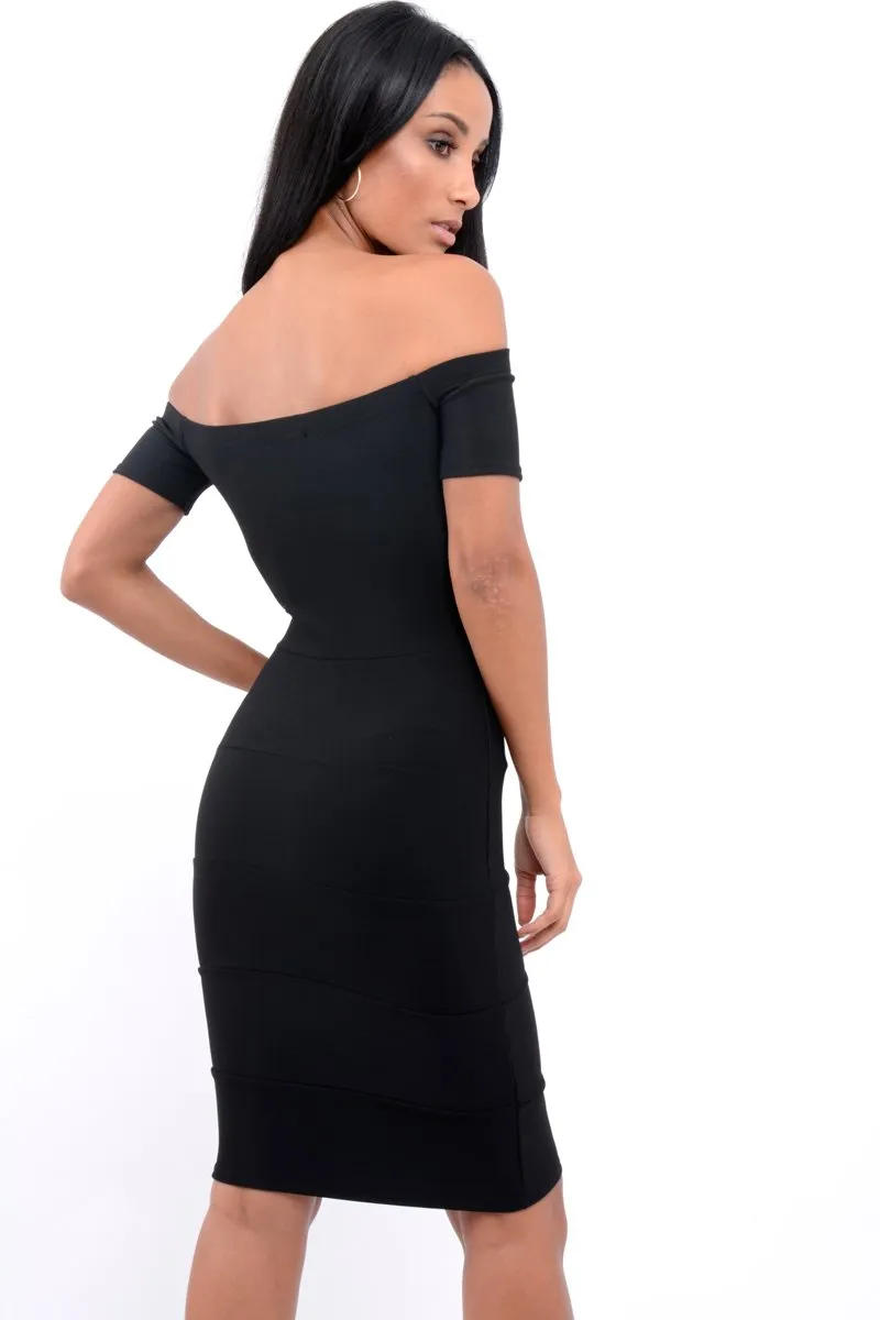 Black Ribbed Bardot Bodycon Dress - Phoebe