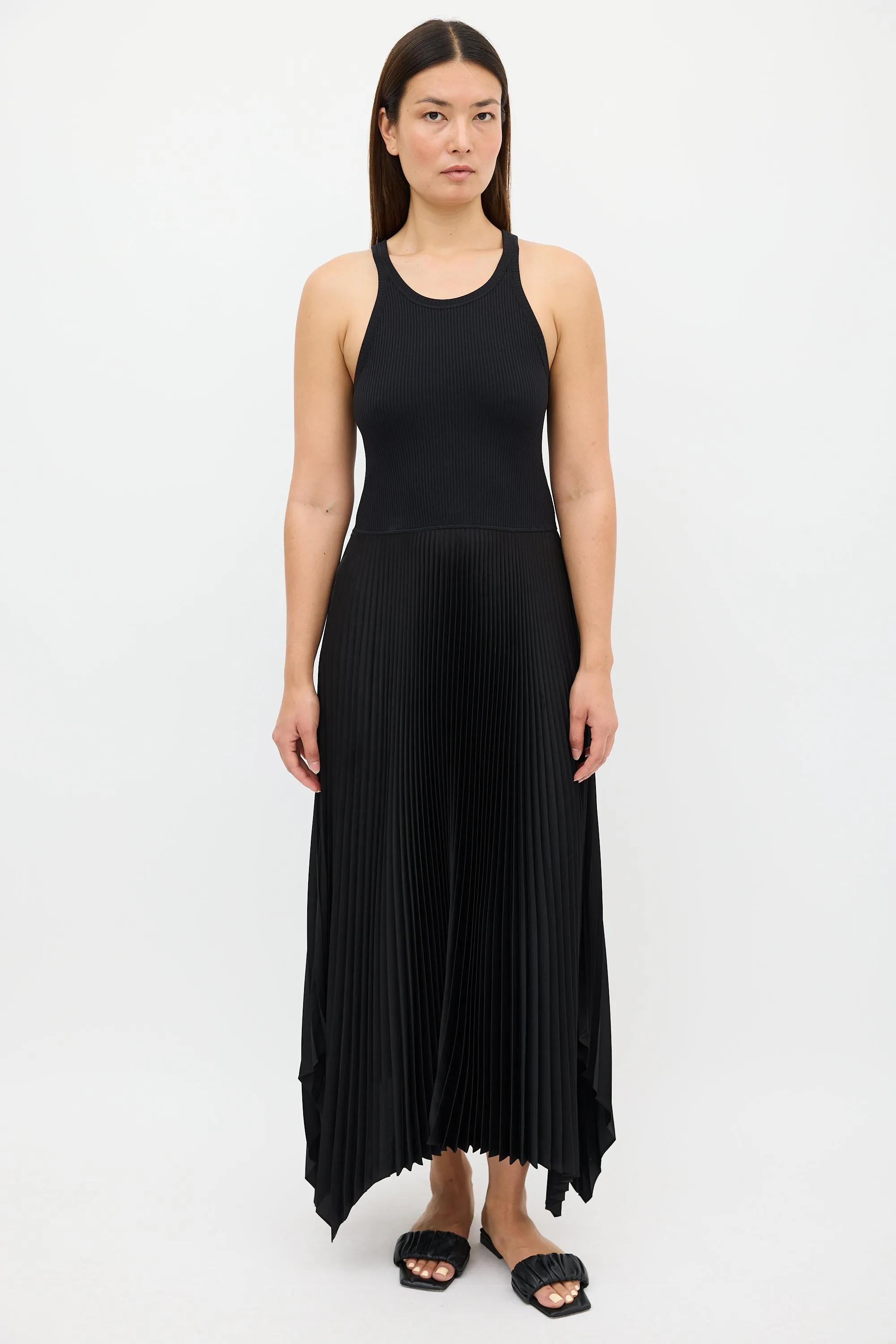 Black Ribbed Knit & Pleated Dress