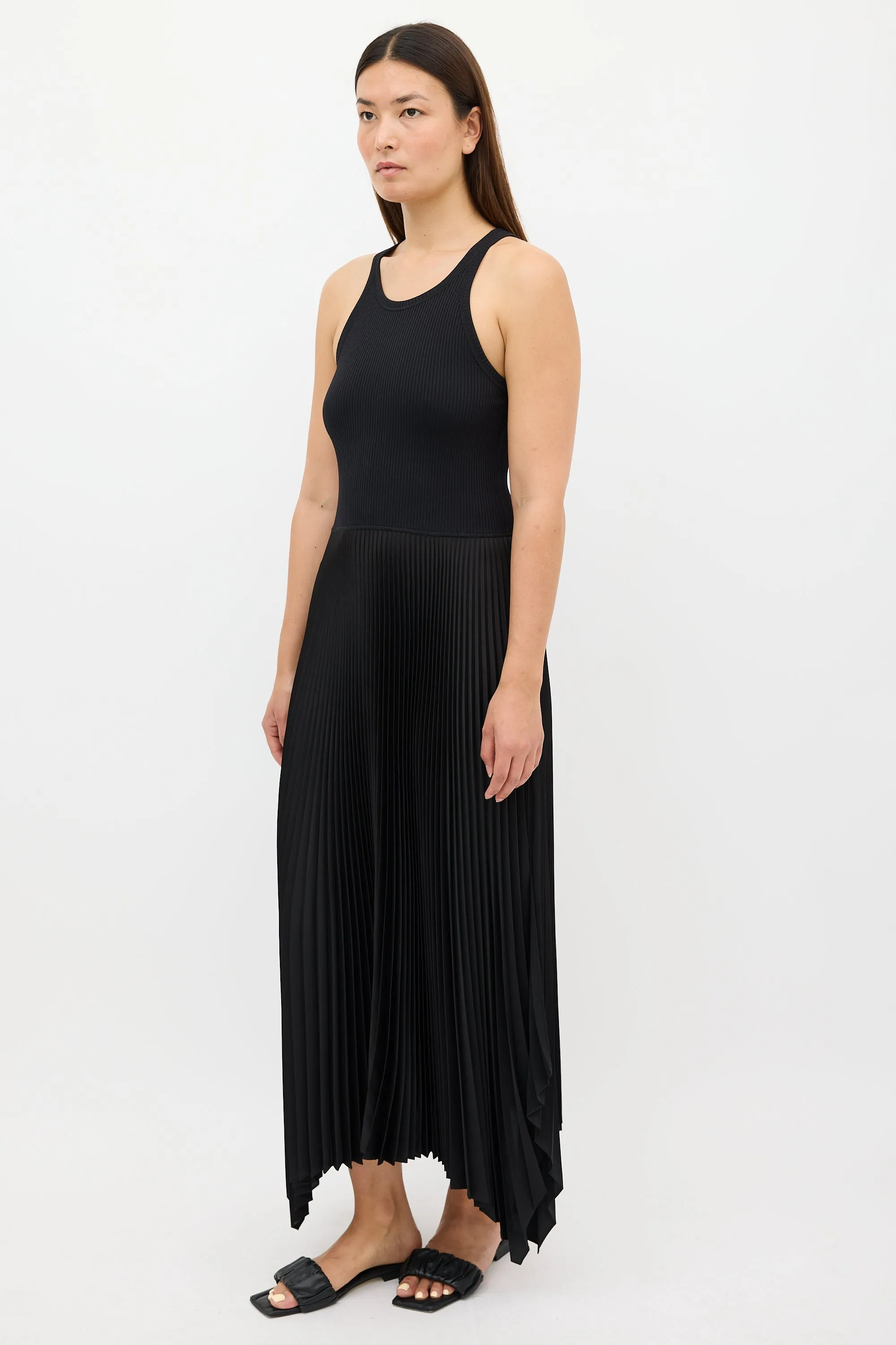 Black Ribbed Knit & Pleated Dress