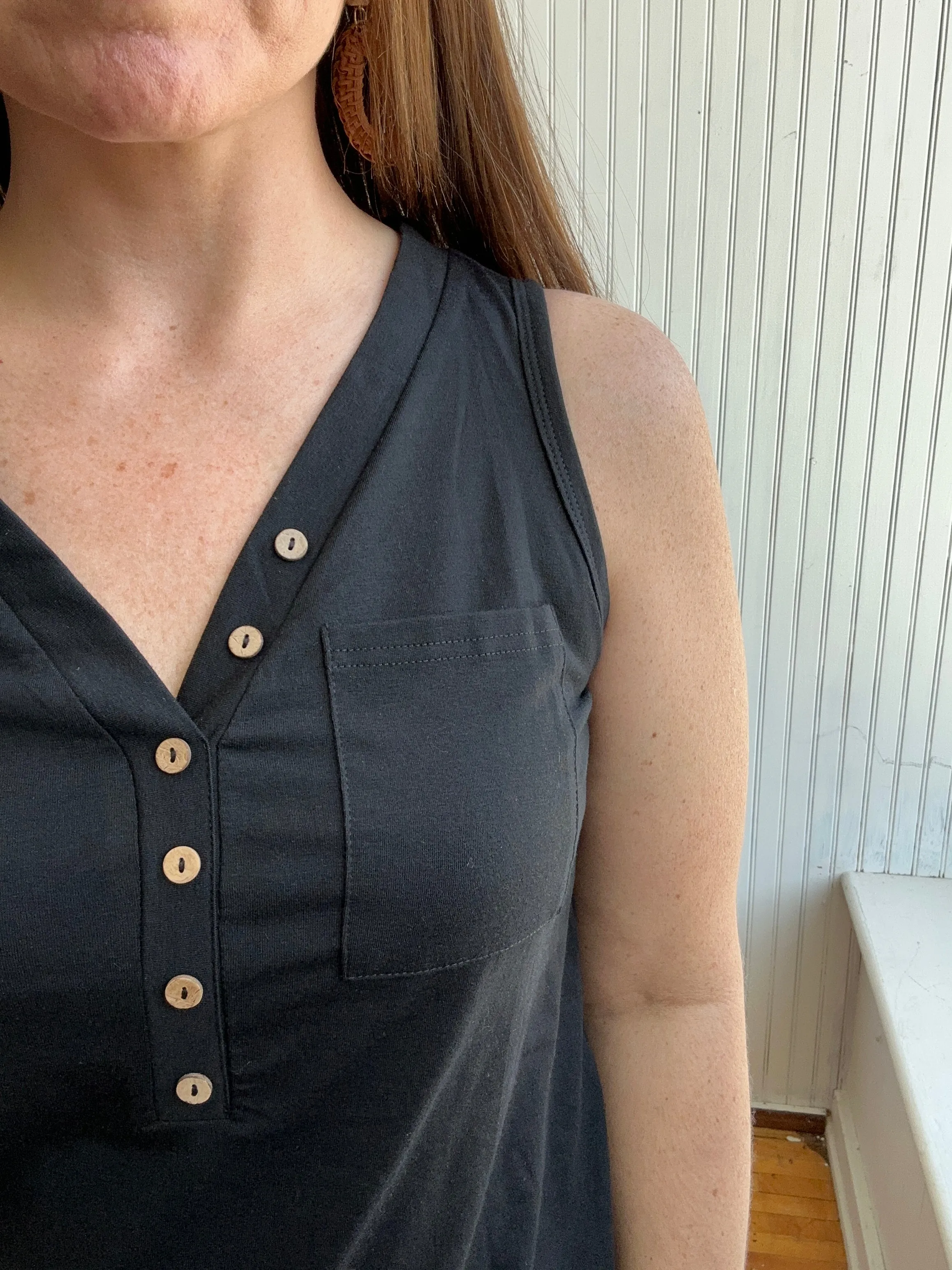 Black V-neck Buttoned Pocket Tank