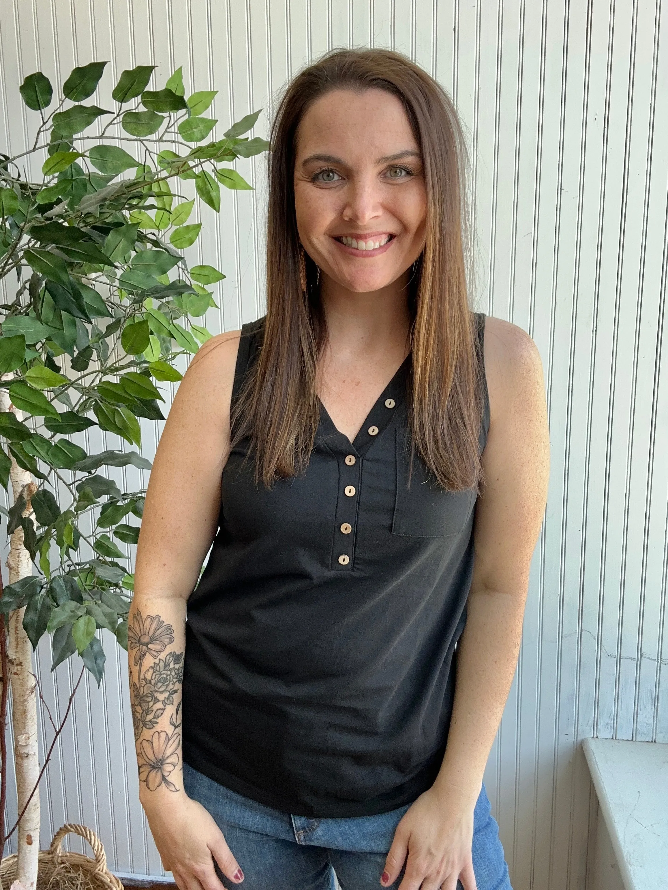 Black V-neck Buttoned Pocket Tank