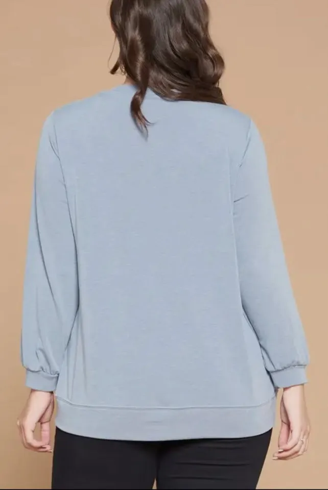 Blouse - Solid French Terry Pullover, Blue Grey, Plus Size