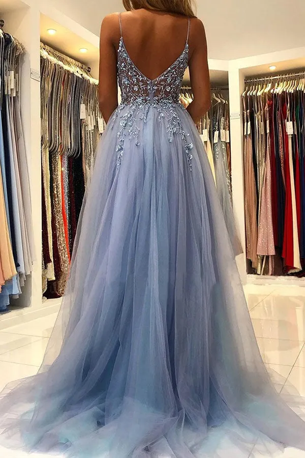 Blue Applique Prom Dress - Elegant See-through Formal Gown, PD2404092