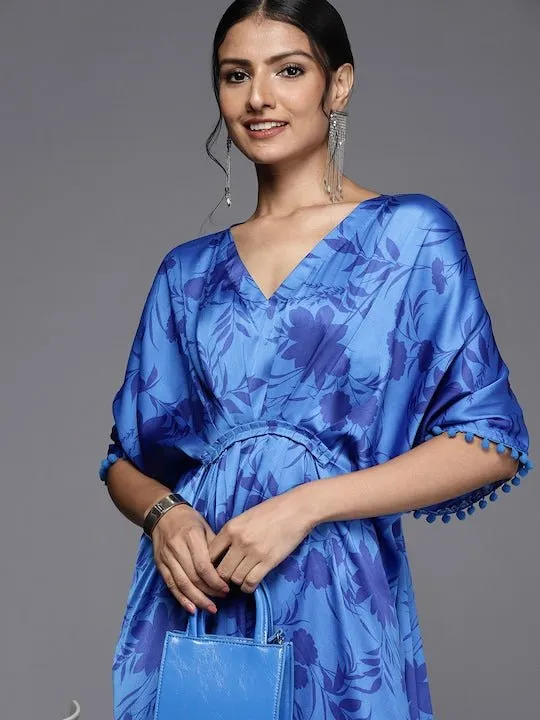 Blue Floral Print Kaftan Midi Dress