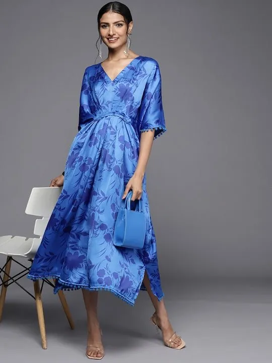 Blue Floral Print Kaftan Midi Dress