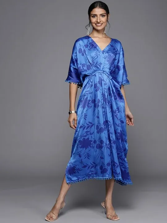 Blue Floral Print Kaftan Midi Dress