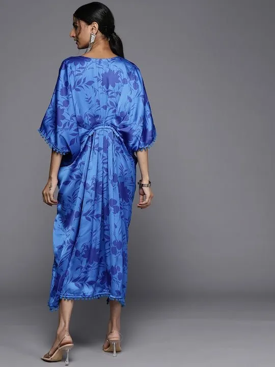 Blue Floral Print Kaftan Midi Dress