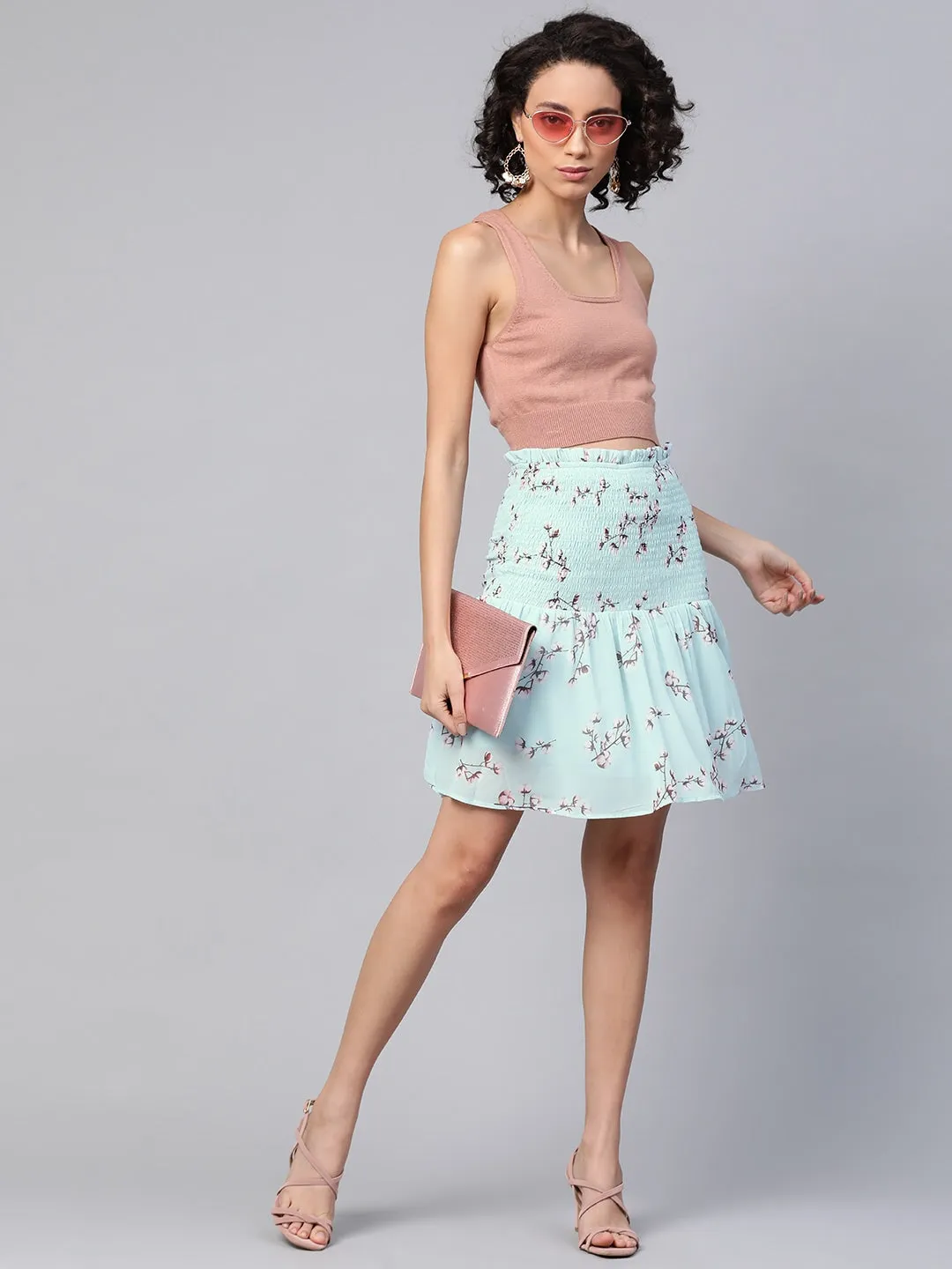 Blue Floral Smocked Mini Skirt