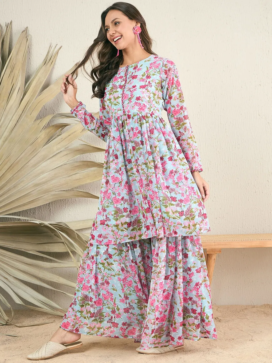 Blue Round Neck Long Sleeves Floral Printed Anarkali Kurta with Sharara