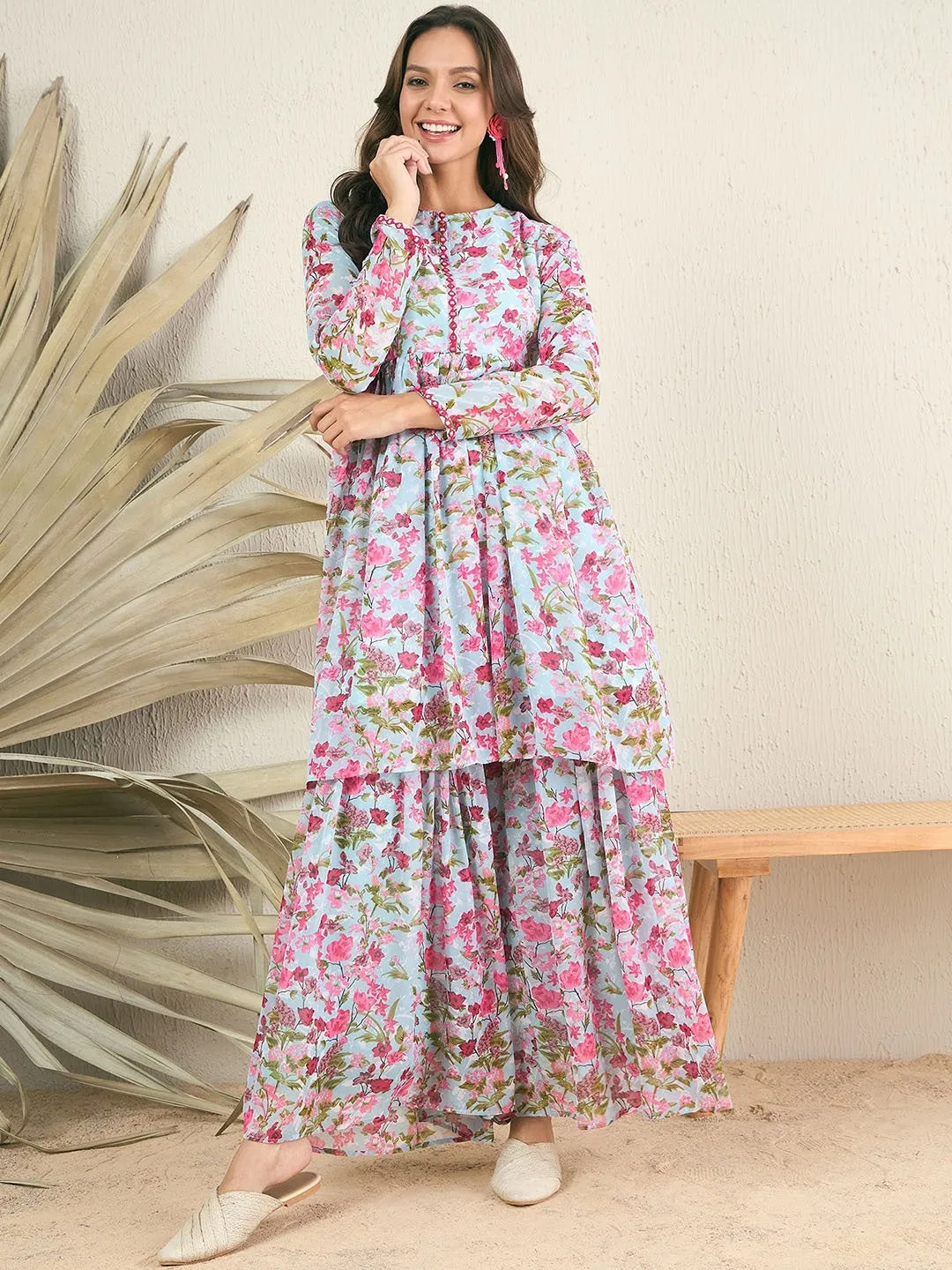 Blue Round Neck Long Sleeves Floral Printed Anarkali Kurta with Sharara