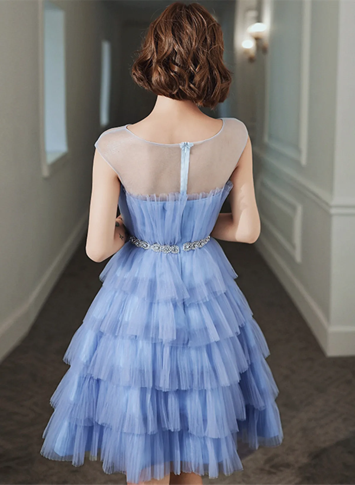 Blue Tulle Round Neckline Short Party Dress, Blue Tulle Homecoming Dress