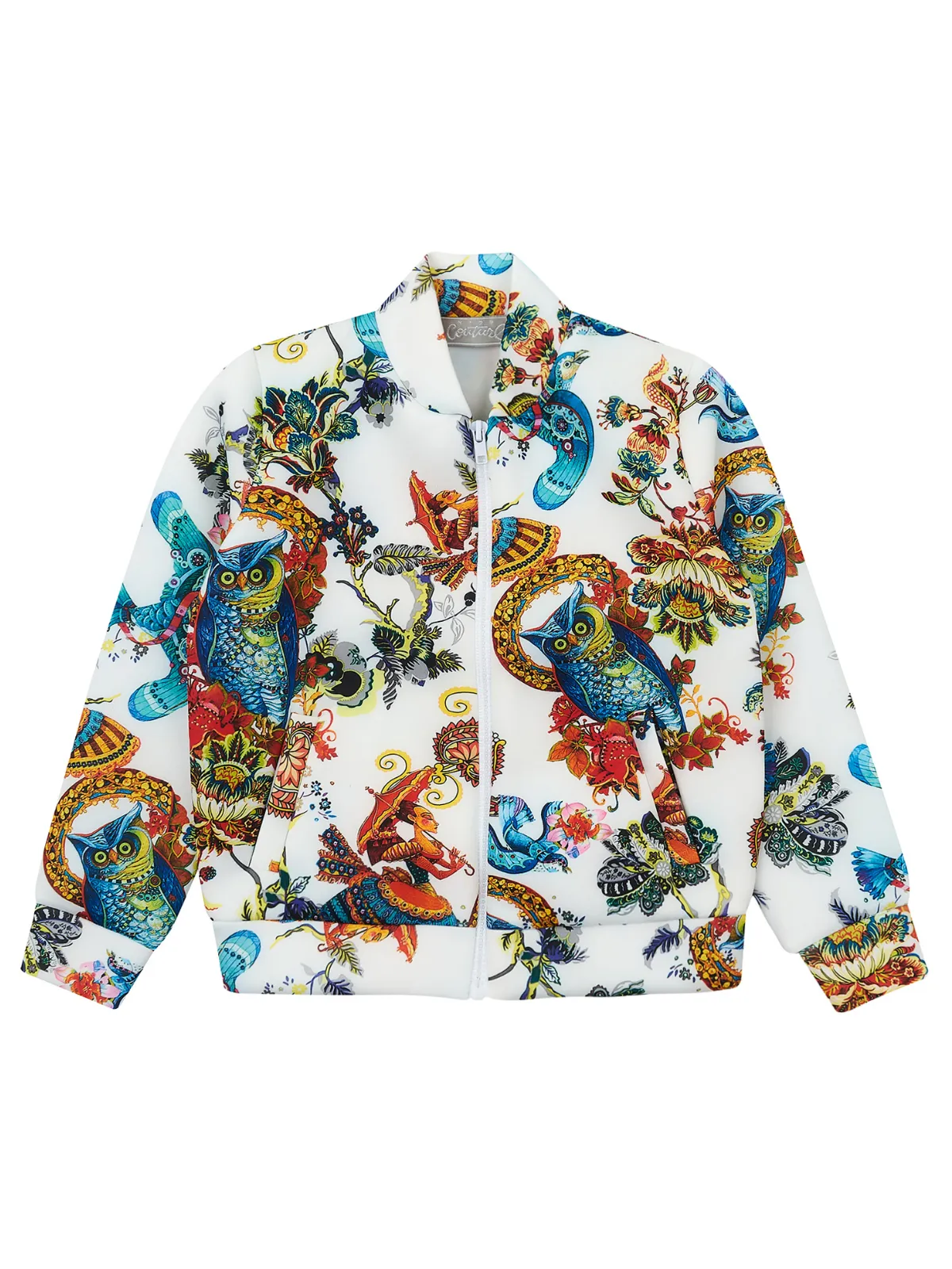 Botanical Owl Ivory Neoprene Bomber Jacket by Kids Couture