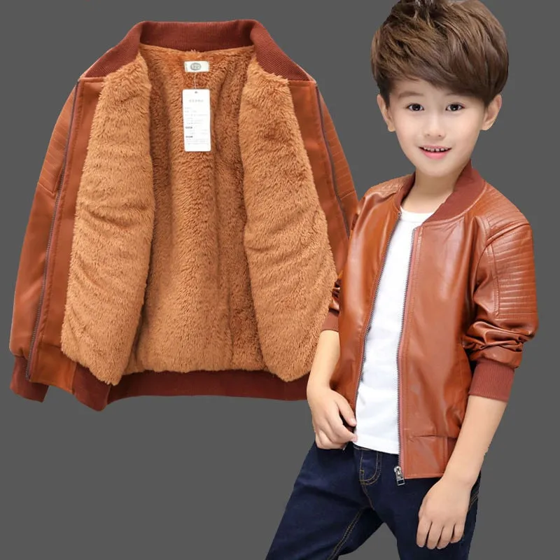 Boys Leather Jacket - Tan , Color - Velvet Black