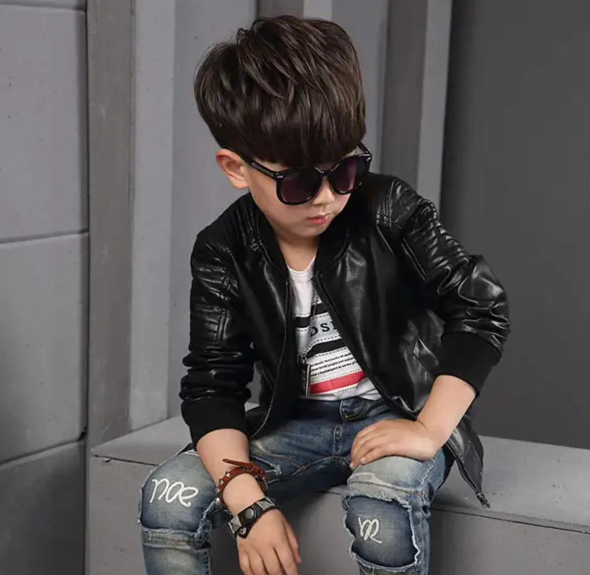 Boys Leather Jacket - Tan , Color - Velvet Black