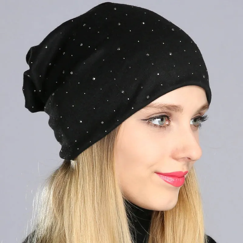 Breathable Rhinestone Studded Slouchy Beanie Hats