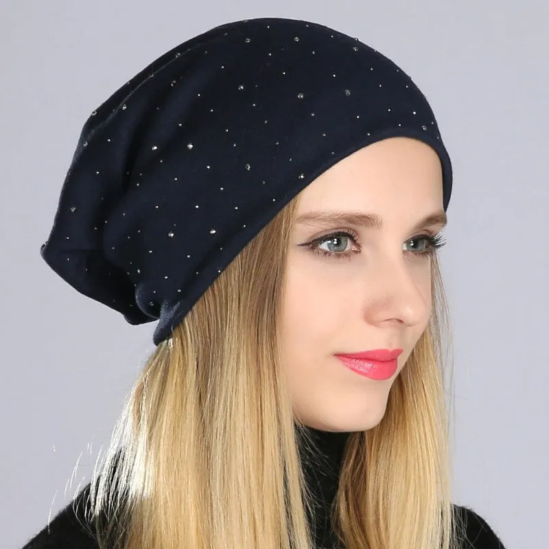 Breathable Rhinestone Studded Slouchy Beanie Hats