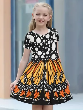 Brief Butterfly Print Fitted Crew Neck Short Sleeve Dress for Girls - Soft Slight Stretch Polyester Fabric, Flared Umbrella Skirt, Regular Fit, Hand Washable - Perfect Summer Gift for Little Ones