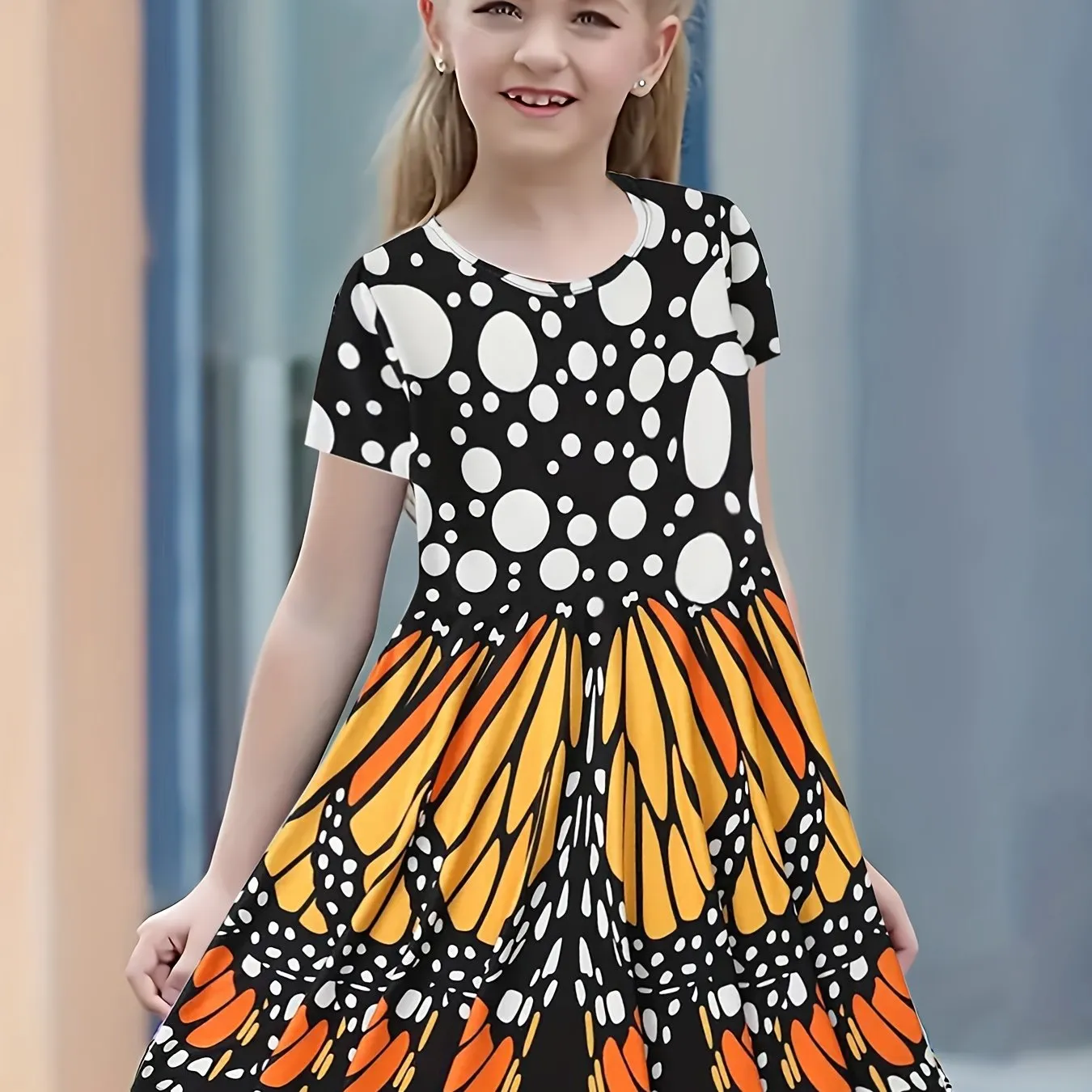 Brief Butterfly Print Fitted Crew Neck Short Sleeve Dress for Girls - Soft Slight Stretch Polyester Fabric, Flared Umbrella Skirt, Regular Fit, Hand Washable - Perfect Summer Gift for Little Ones