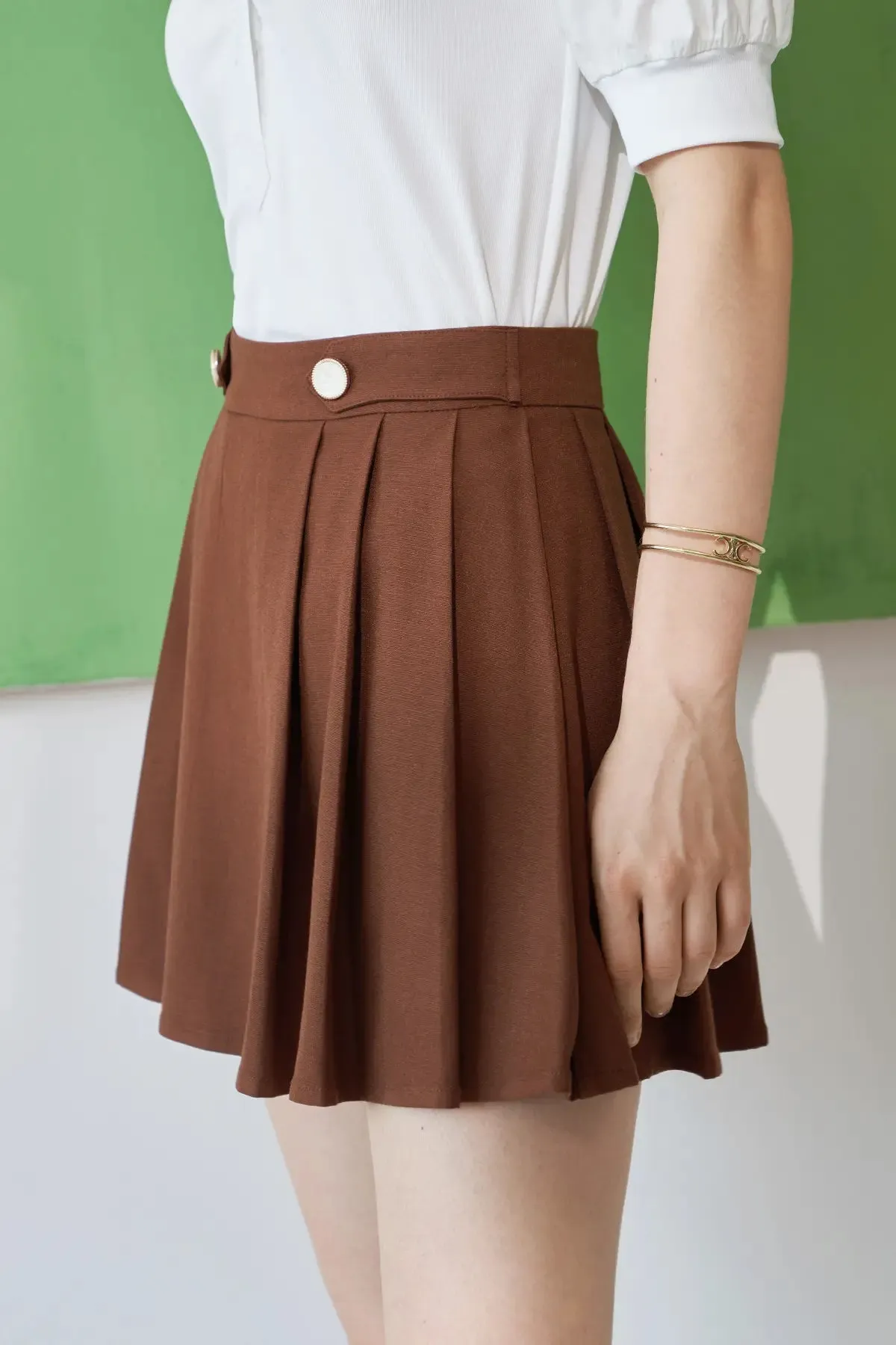 Button Zipper Pleated Short Skirt