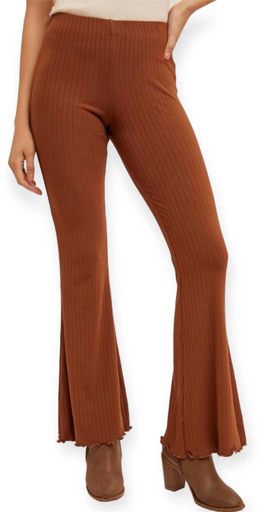 Camel Ribbed Knit Flare Pants