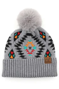 C.C Soft Aztec Pattern Beanie with Faux Fur Pom