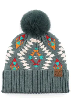 C.C Soft Aztec Pattern Beanie with Faux Fur Pom