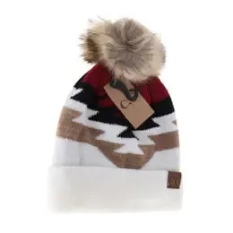 C.C Soft Aztec Pattern Beanie with Faux Fur Pom